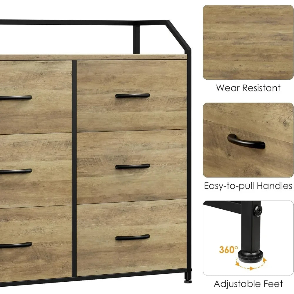 Dresser with 6 Drawers, Dresser for Bedroom, Wood Top Storage Tower, Fabric Organizer Unit for Closet, Clothes, Kids, Tv Stand