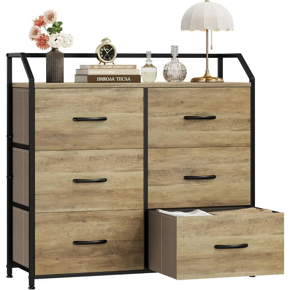 Dresser with 6 Drawers, Dresser for Bedroom, Wood Top Storage Tower, Fabric Organizer Unit for Closet, Clothes, Kids, Tv Stand