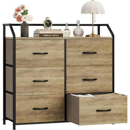 Dresser with 6 Drawers, Dresser for Bedroom, Wood Top Storage Tower, Fabric Organizer Unit for Closet, Clothes, Kids, Tv Stand