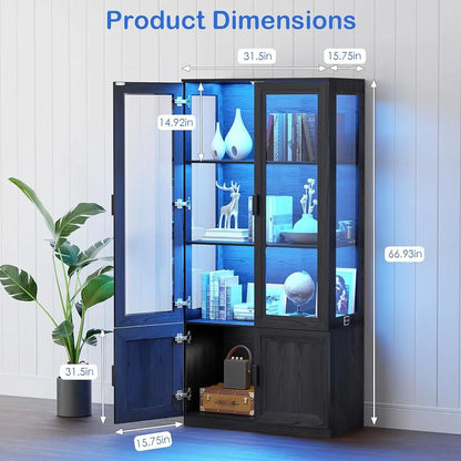 Display Cabinet With Glass Doors, Curio Storage Cabinet With 3 Shelves, Bookcase With Led Lights, Human Body Sensor, Black