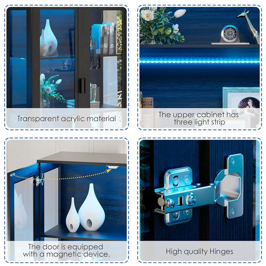 Display Cabinet With Glass Doors, Curio Storage Cabinet With 3 Shelves, Bookcase With Led Lights, Human Body Sensor, Black