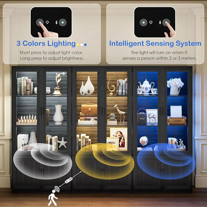 Display Cabinet With Glass Doors, Curio Storage Cabinet With 3 Shelves, Bookcase With Led Lights, Human Body Sensor, Black