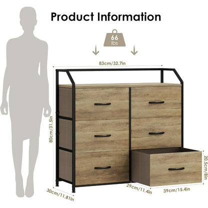 Dresser with 6 Drawers, Dresser for Bedroom, Wood Top Storage Tower, Fabric Organizer Unit for Closet, Clothes, Kids, Tv Stand