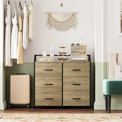 Dresser with 6 Drawers, Dresser for Bedroom, Wood Top Storage Tower, Fabric Organizer Unit for Closet, Clothes, Kids, Tv Stand