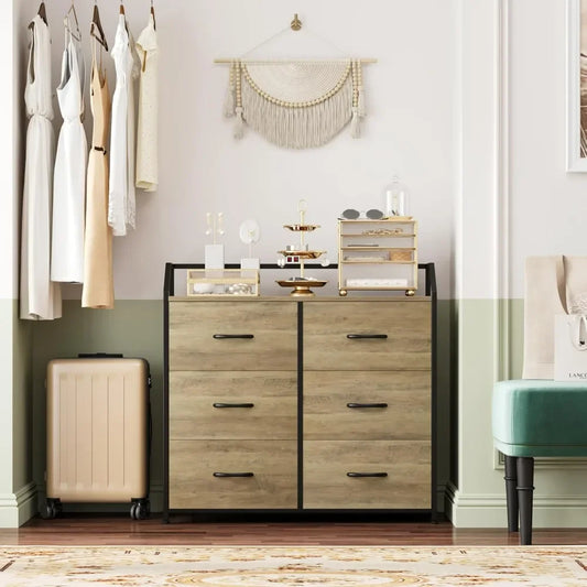 Dresser with 6 Drawers, Dresser for Bedroom, Wood Top Storage Tower, Fabric Organizer Unit for Closet, Clothes, Kids, Tv Stand