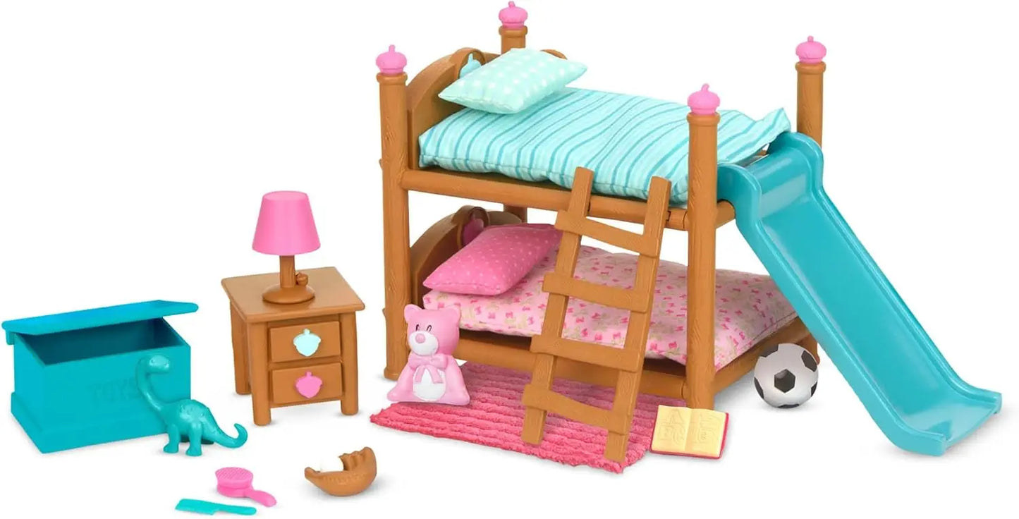 Bunk Beds Playset – Miniature Bedroom Furniture And Accessories – 18Pc Toy Set With Bed, Toys, Book, And More – Gifts For Kids