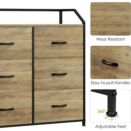 Dresser with 6 Drawers, Dresser for Bedroom, Wood Top Storage Tower, Fabric Organizer Unit for Closet, Clothes, Kids, Tv Stand