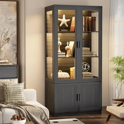 Display Cabinet With Glass Doors, Curio Storage Cabinet With 3 Shelves, Bookcase With Led Lights, Human Body Sensor, Black