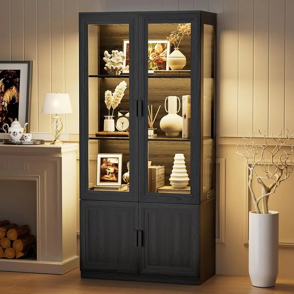 Display Cabinet With Glass Doors, Curio Storage Cabinet With 3 Shelves, Bookcase With Led Lights, Human Body Sensor, Black