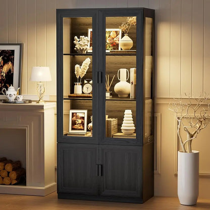 Display Cabinet With Glass Doors, Curio Storage Cabinet With 3 Shelves, Bookcase With Led Lights, Human Body Sensor, Black